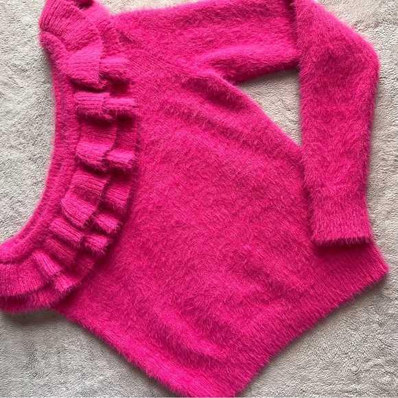 Do & Be Fuzzy Knit One-Shoulder Ruffle Neck Sweater Top Barbiecore Hot Pink Sz S - Picture 1 of 12